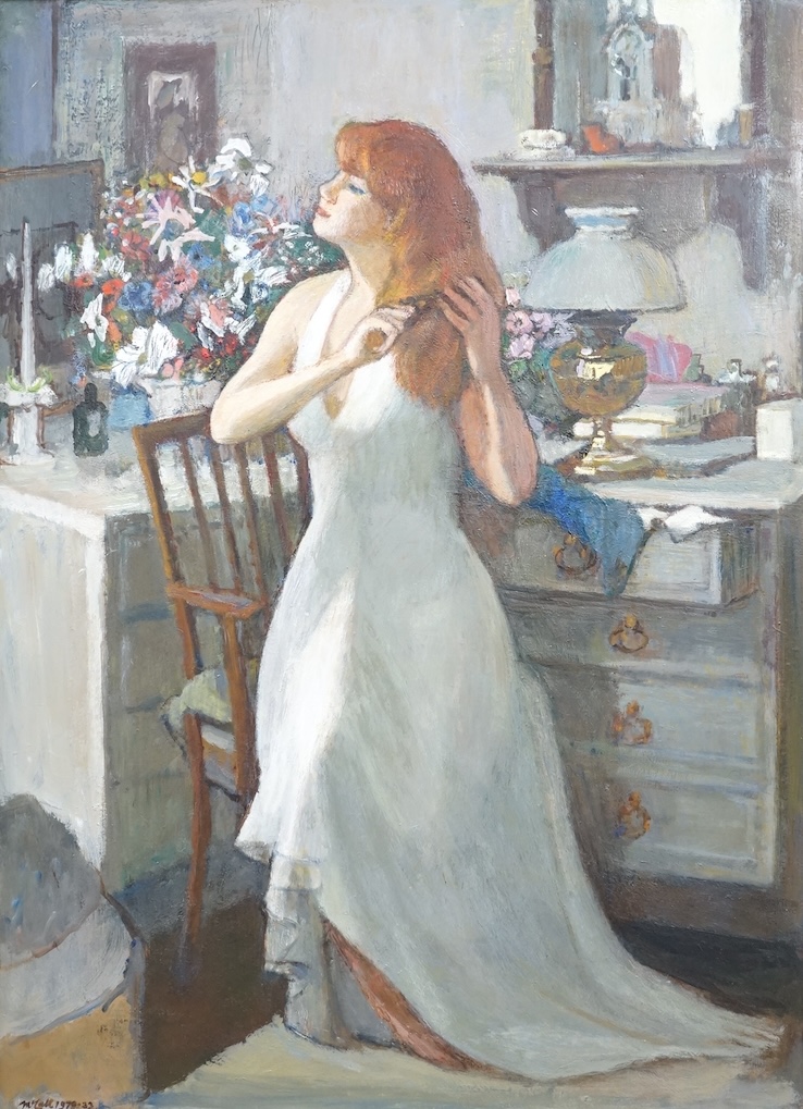 Charles McCall (Scottish, 1907-1989), 'Amanda Brushing the hair', signed and dated 1979, details verso, oil on board, 75 x 54cm